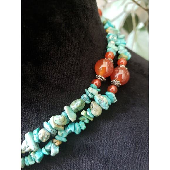 Womens Fashion 2 Strand Blue Magnesite Turquoise Coral Beads Necklace w/ Lobster - Picture 4 of 6